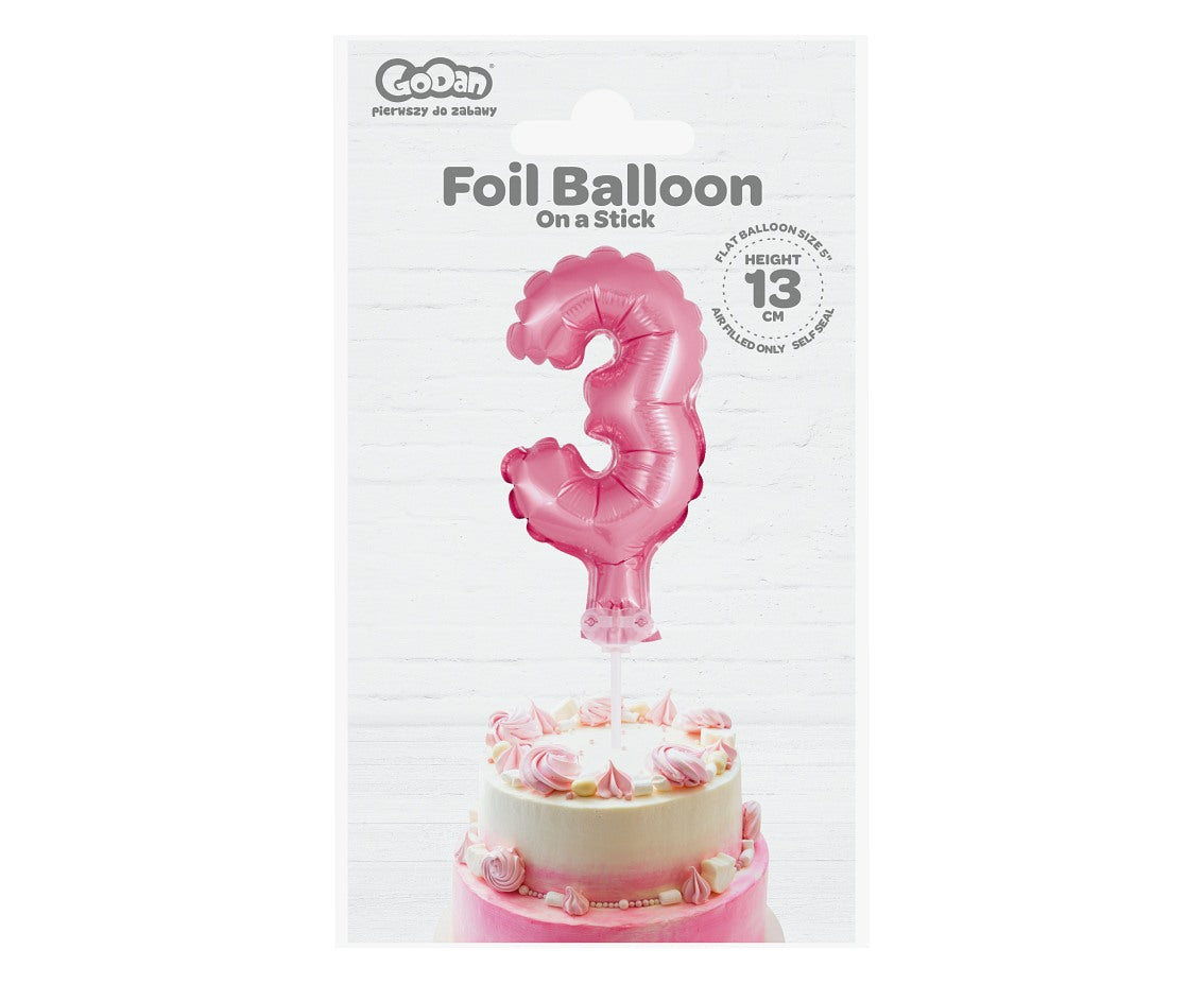 Balon foliowy na patyczku, CYFRA 3, różowa