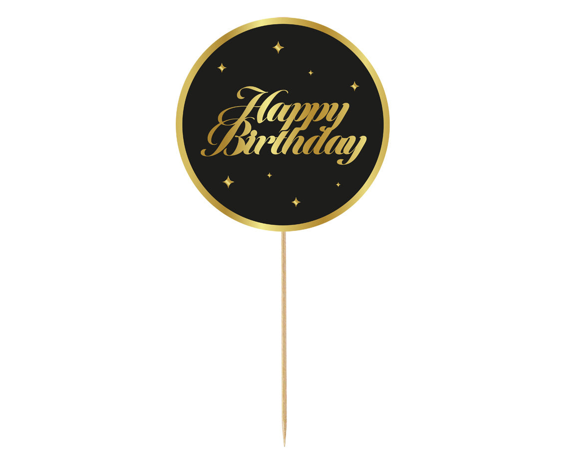 Dekoracja papierowa na tort B&G Party - Happy Birthday, czarna, gwiazdki