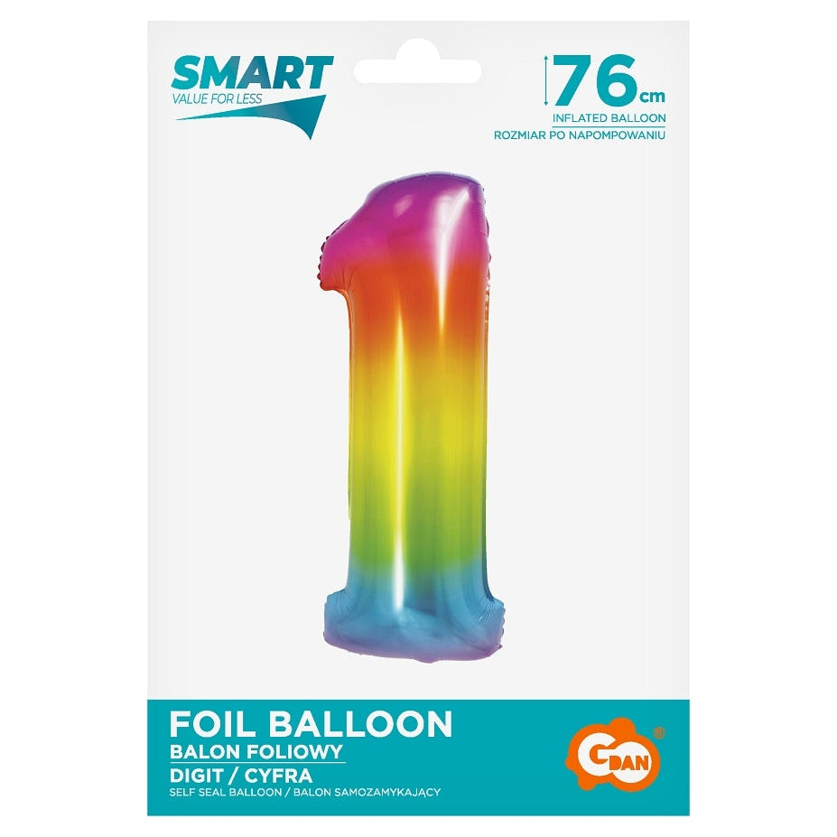 Balon foliowy Cyfra 1, tęczowa, SMART, 76 cm