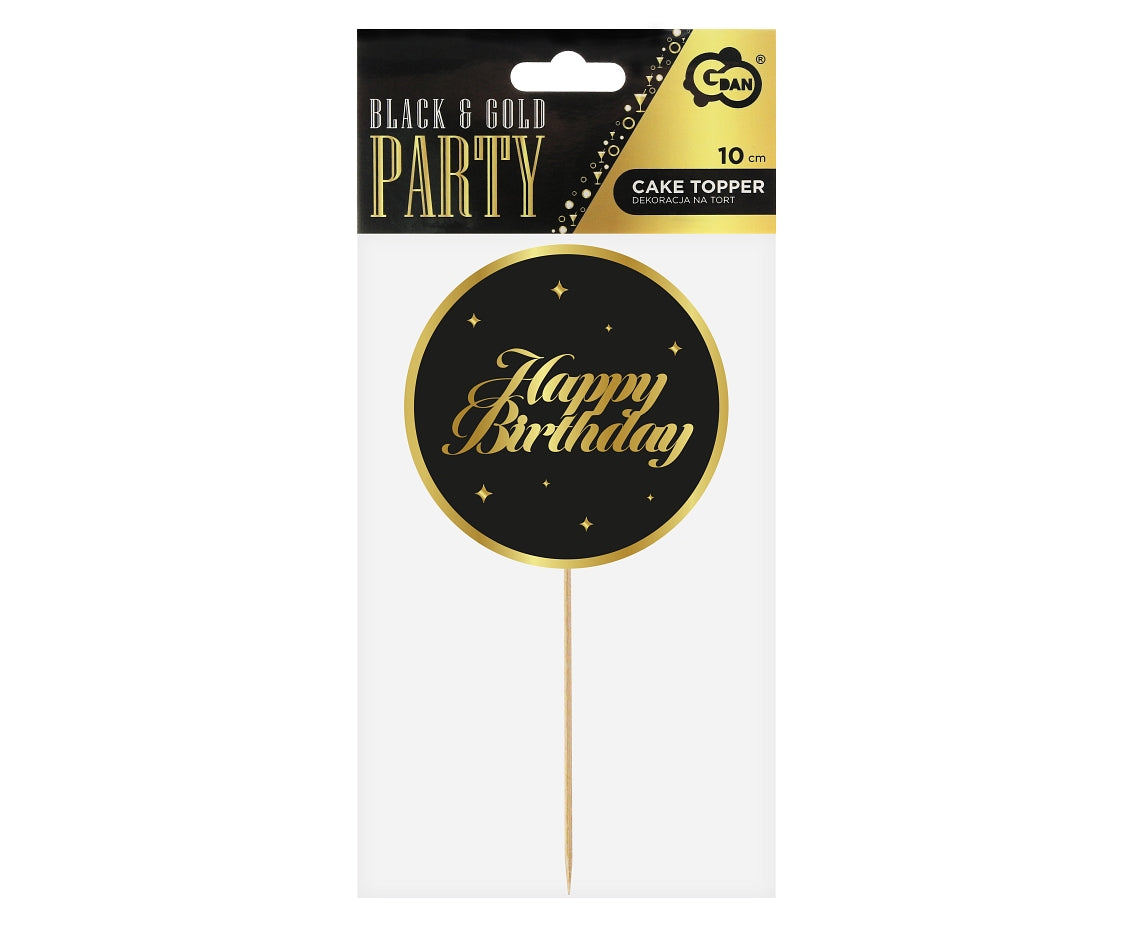 Dekoracja papierowa na tort B&G Party - Happy Birthday, czarna, gwiazdki