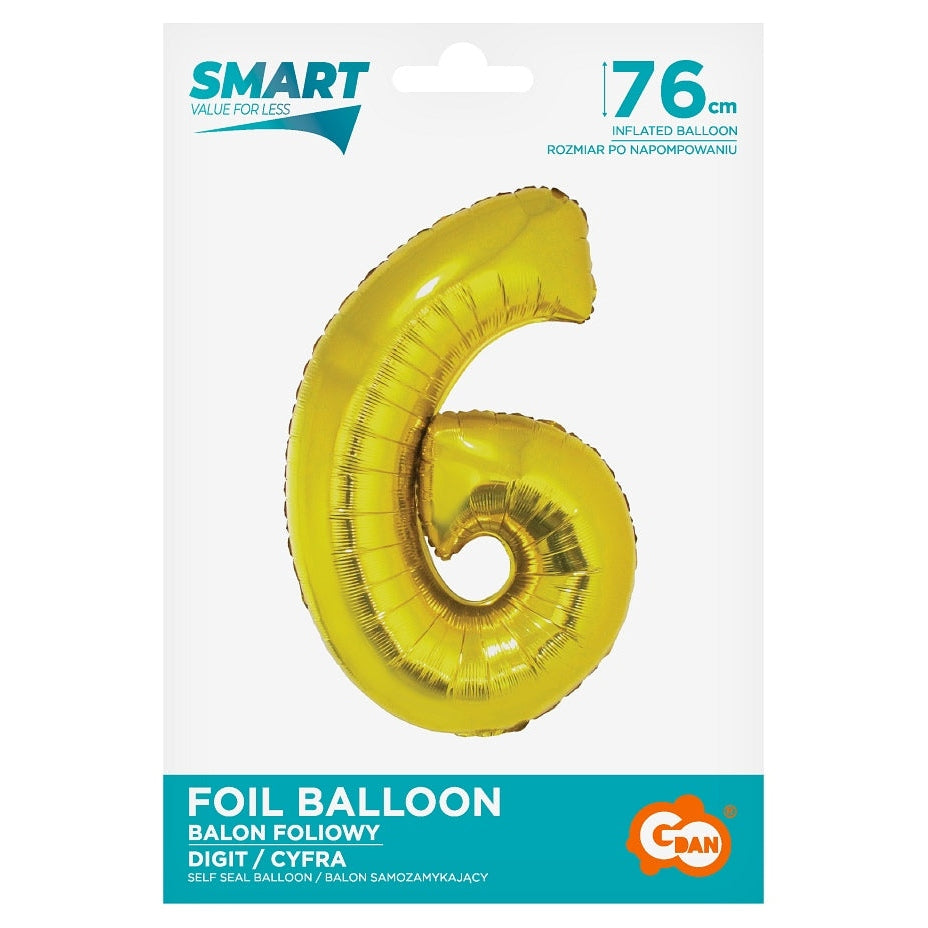 Balon foliowy Cyfra 6, Złota, SMART, 76 cm