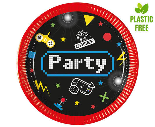 Talerzyki papierowe Gaming Party, 20cm, 8 szt. (plastic-free)