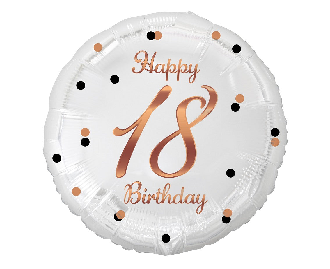 Balon foliowy Liczba 18, Happy 18 Birthday, biały, nadruk różowo-złoty, 45 cm