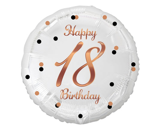 Balon foliowy Liczba 18, Happy 18 Birthday, biały, nadruk różowo-złoty, 45 cm