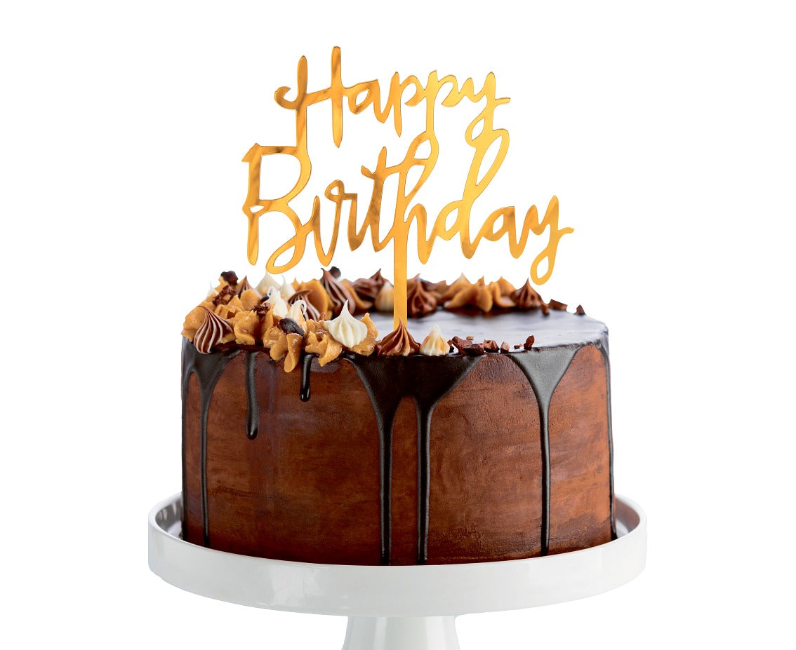 Dekoracja akrylowa na tort Happy Birthday, złota, 14x10 cm