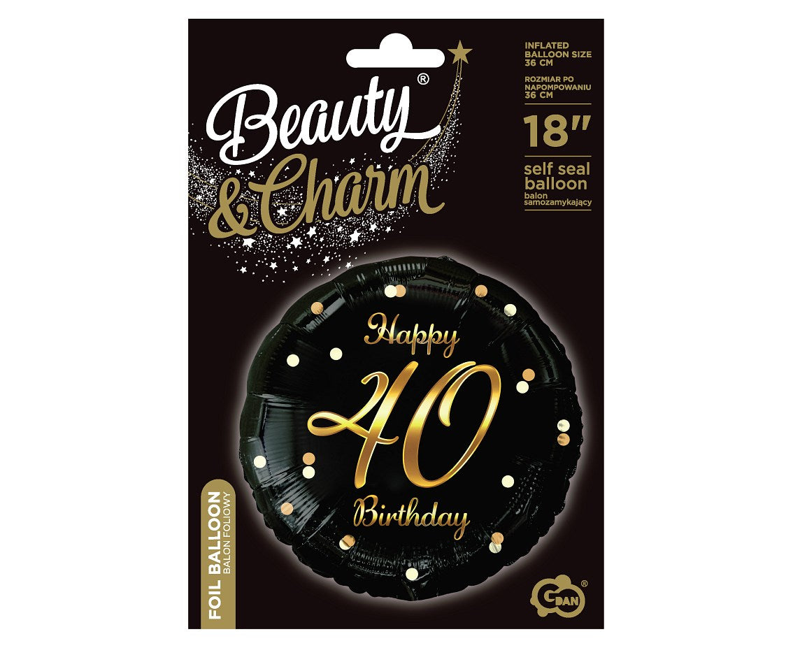Balon foliowy Liczba 40 urodziny, Happy 40 Birthday, czarny, nadruk złoty, 45 cm