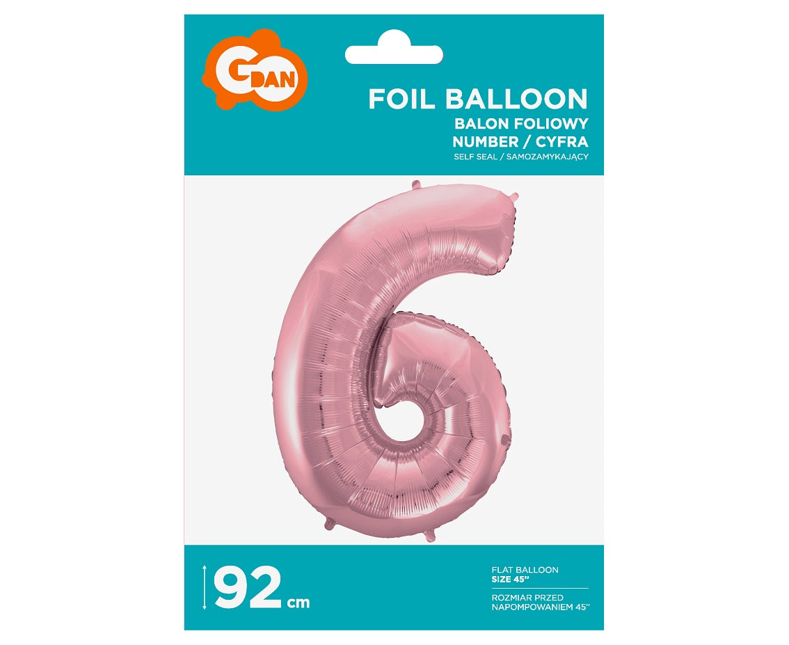 Balon foliowy Cyfra 6, jasnoróżowa, 92 cm