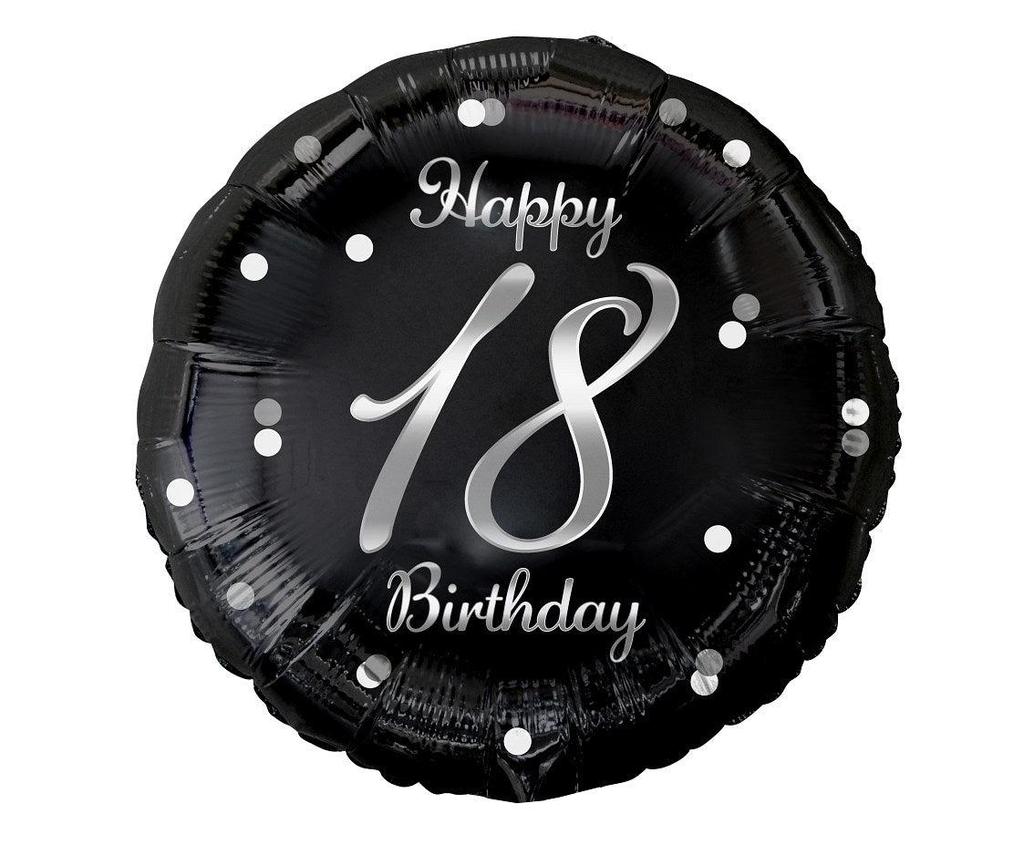 Balon foliowy Liczba 18 urodziny, B&C Happy 18 Birthday, czarny, nadruk srebrny, 18"