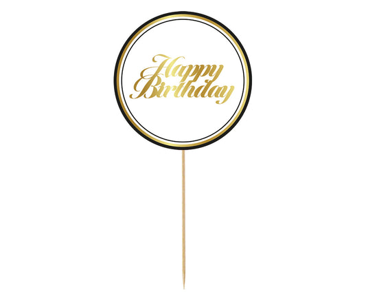 Dekoracja papierowa na tort B&G Party - Happy Birthday, biała (czarny kontur)
