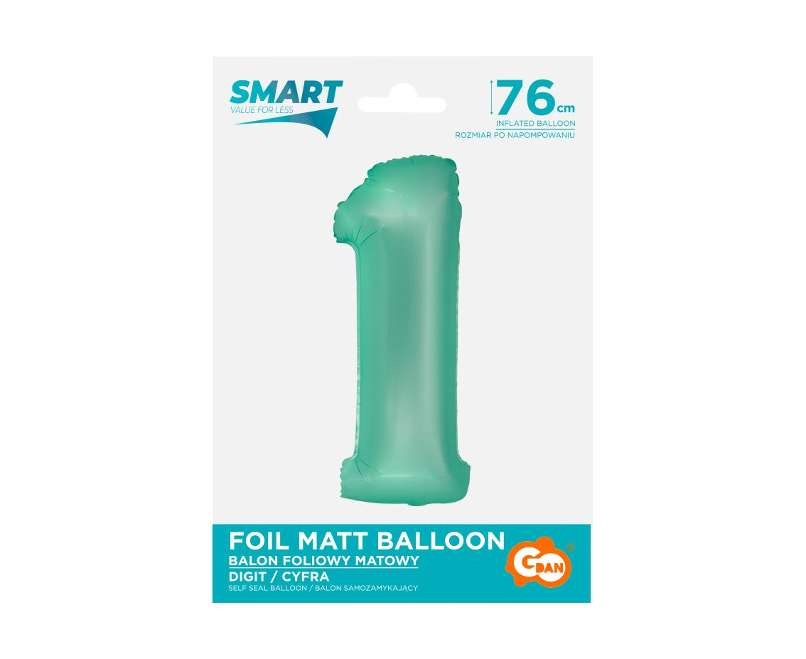 Balon foliowy Cyfra 1, miętowa matowa, Smart, 76 cm