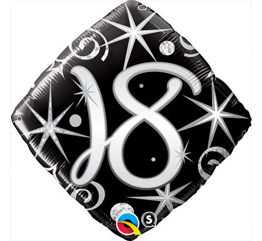 Balon foliowy Liczba 18, czarny serpentyny i gwiazdki, 18 cali QL