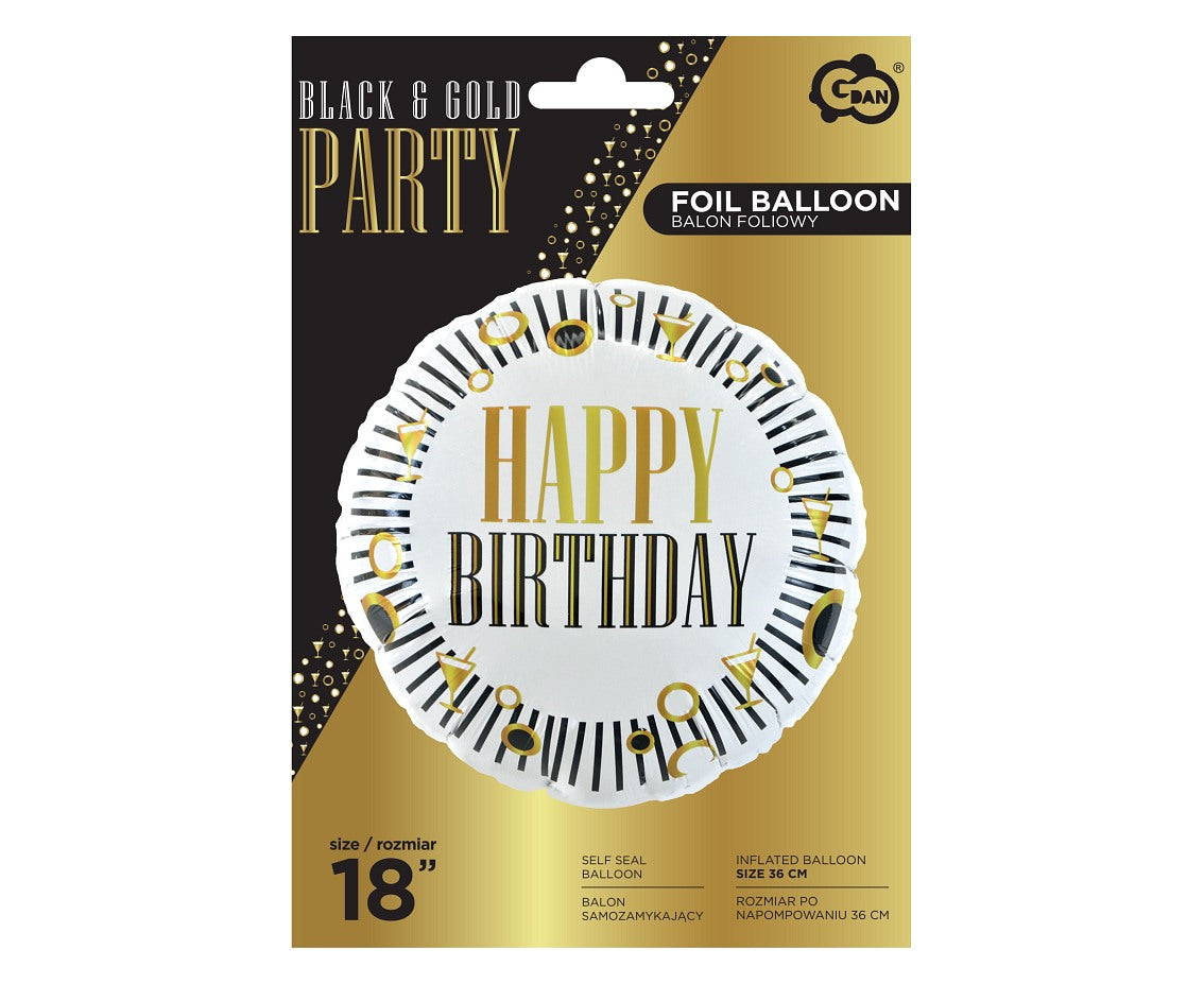 Balon foliowy Happy Birthday (B&G Party), paski, okrągły 18 cali