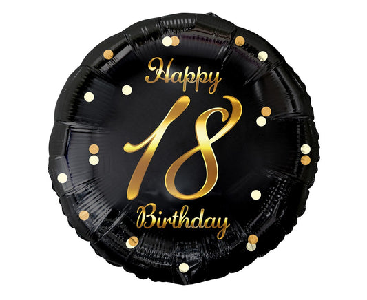 Balon foliowy Liczba 18, Happy 18 Birthday, czarny, nadruk złoty, 18"