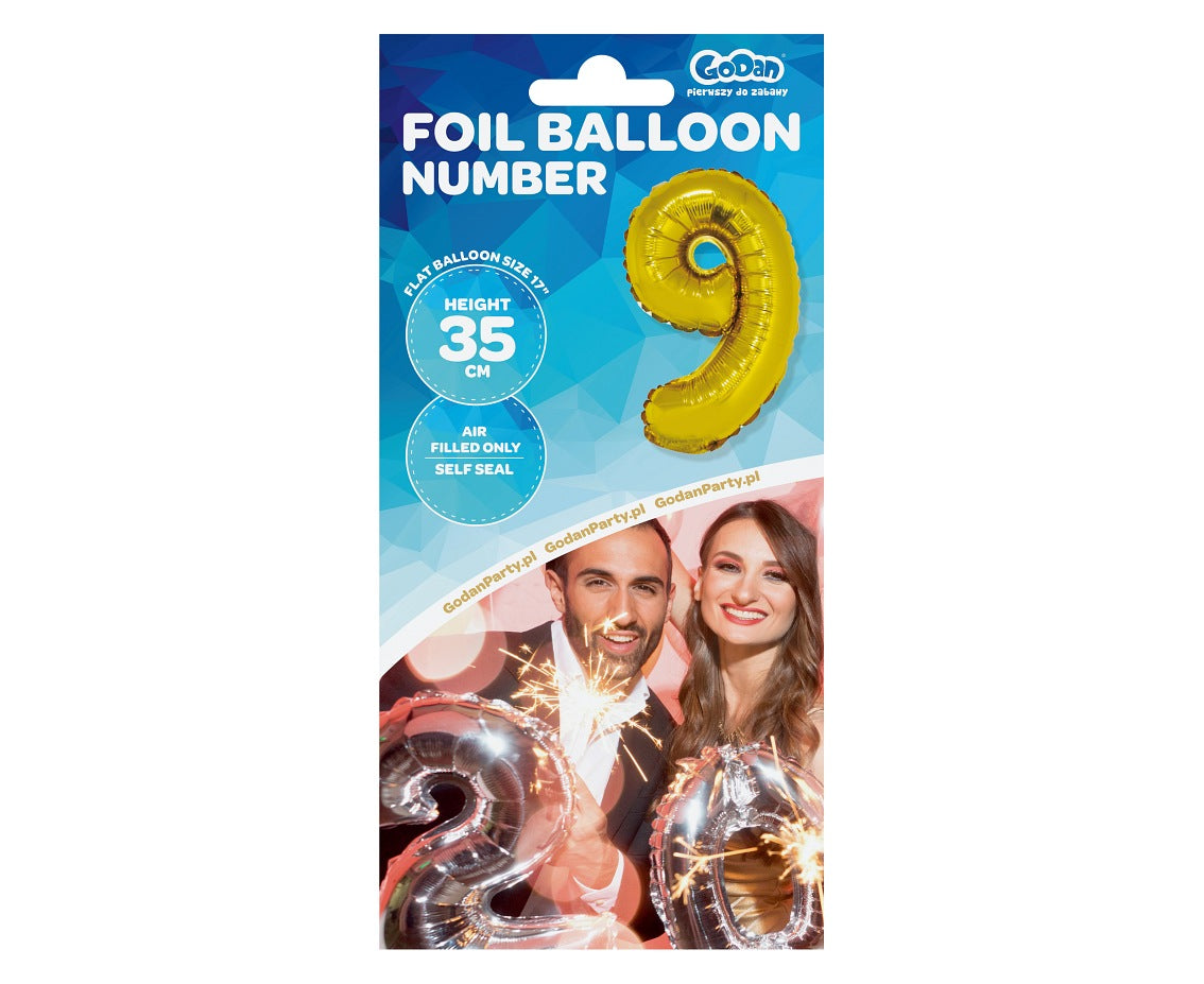 Balon foliowy Cyfra 9, złota, 35 cm