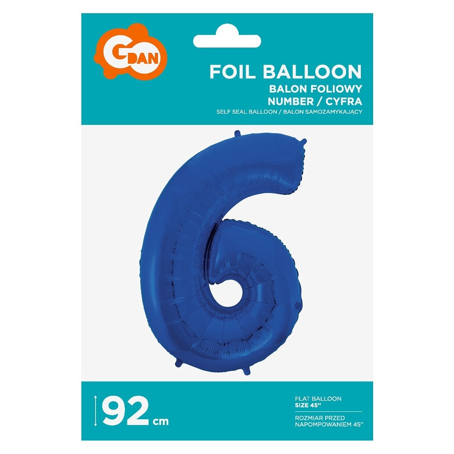 Balon foliowy Cyfra 6, niebieska, 92 cm