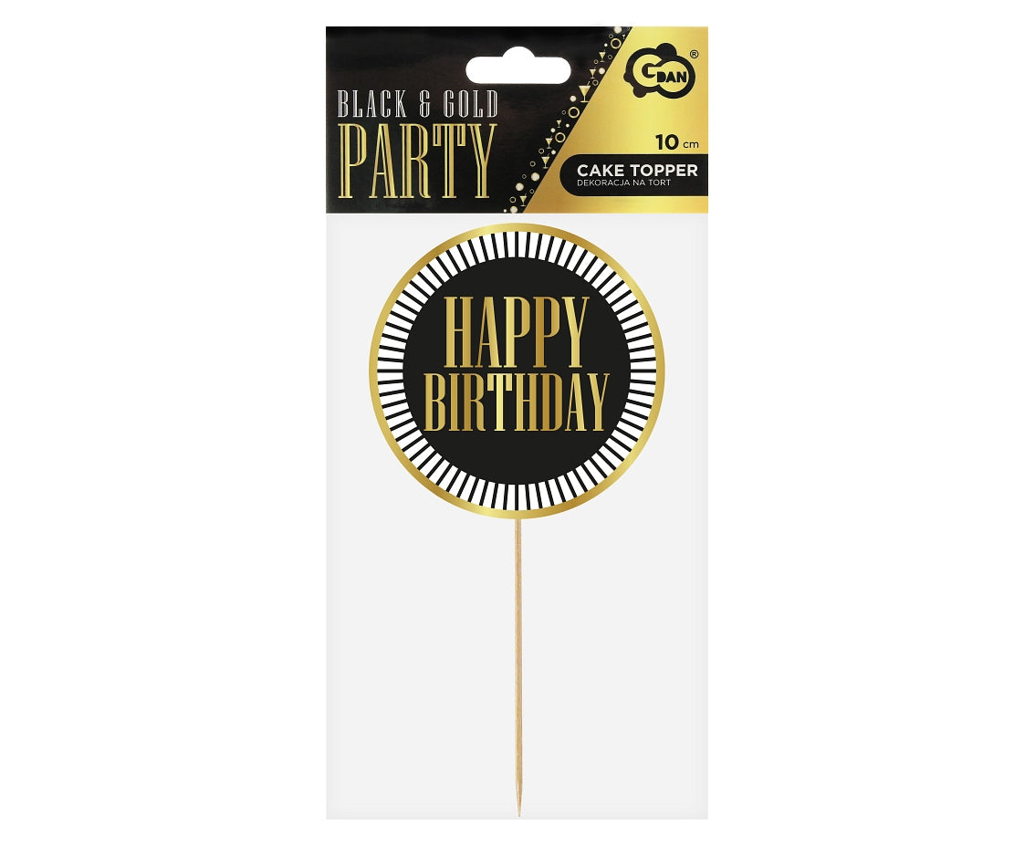 Dekoracja papierowa na tort B&G Party - Happy Birthday, czarna, paski