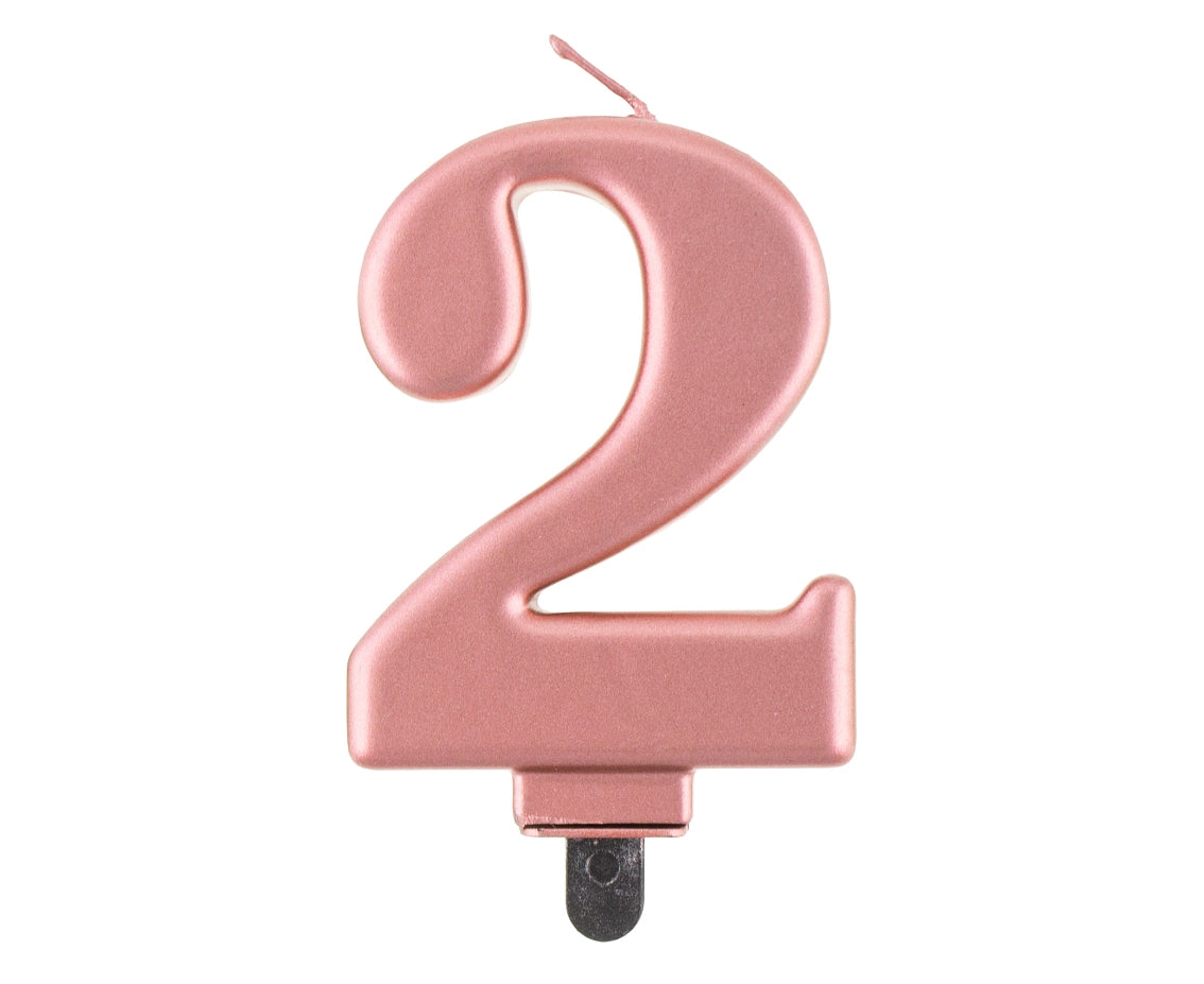 Świeczka liczba 2 urodziny, B&C, metalik różowo-złota, 8 cm