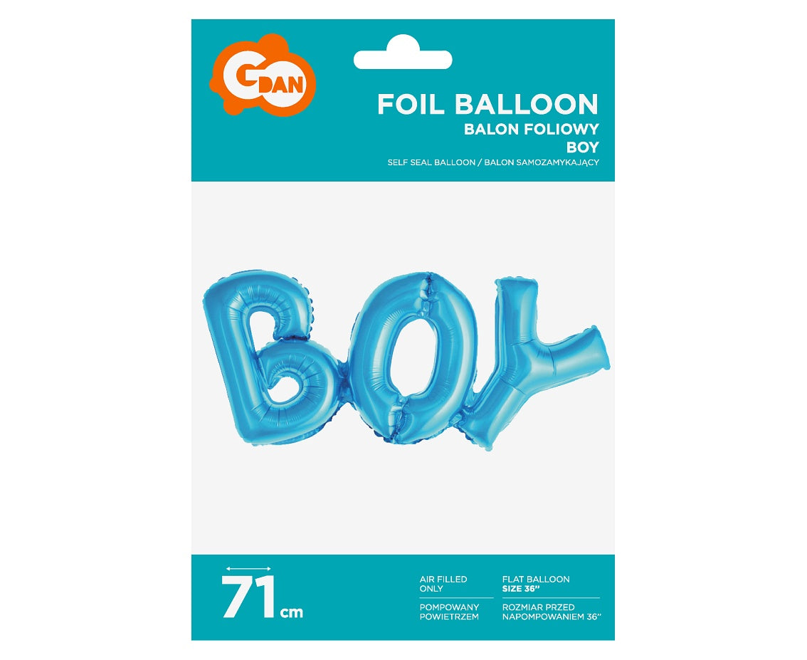 Balon foliowy Napis BOY, niebieski, 71 cm