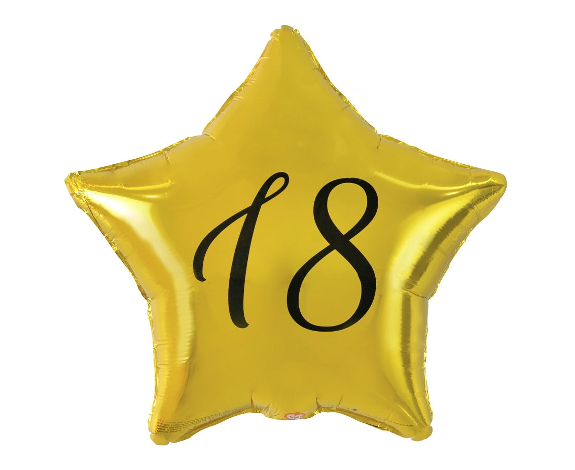 Balon foliowy Liczba 18 gwiazda złota, nadruk czarny, 19 cali
