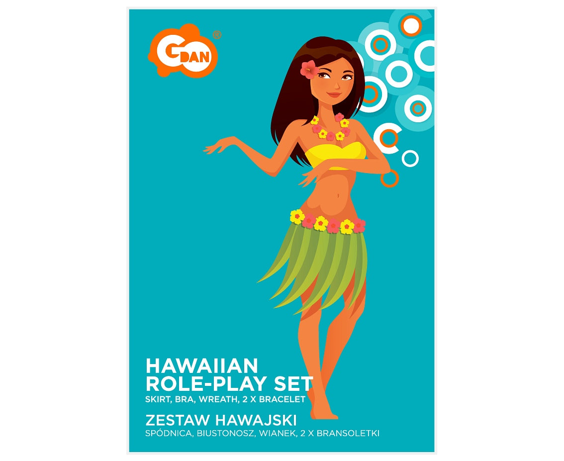 Zestaw hawajski (spódnica dł. 75 cm, biustonosz, naszyjnik, wianek, dwie bransoletki)