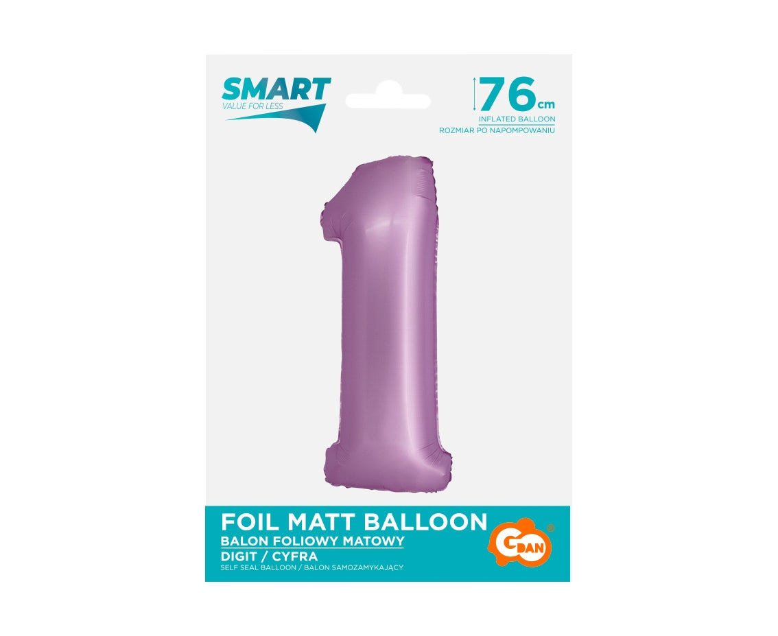 Balon foliowy Cyfra 1, lawendowa matowa, Smart, 76 cm