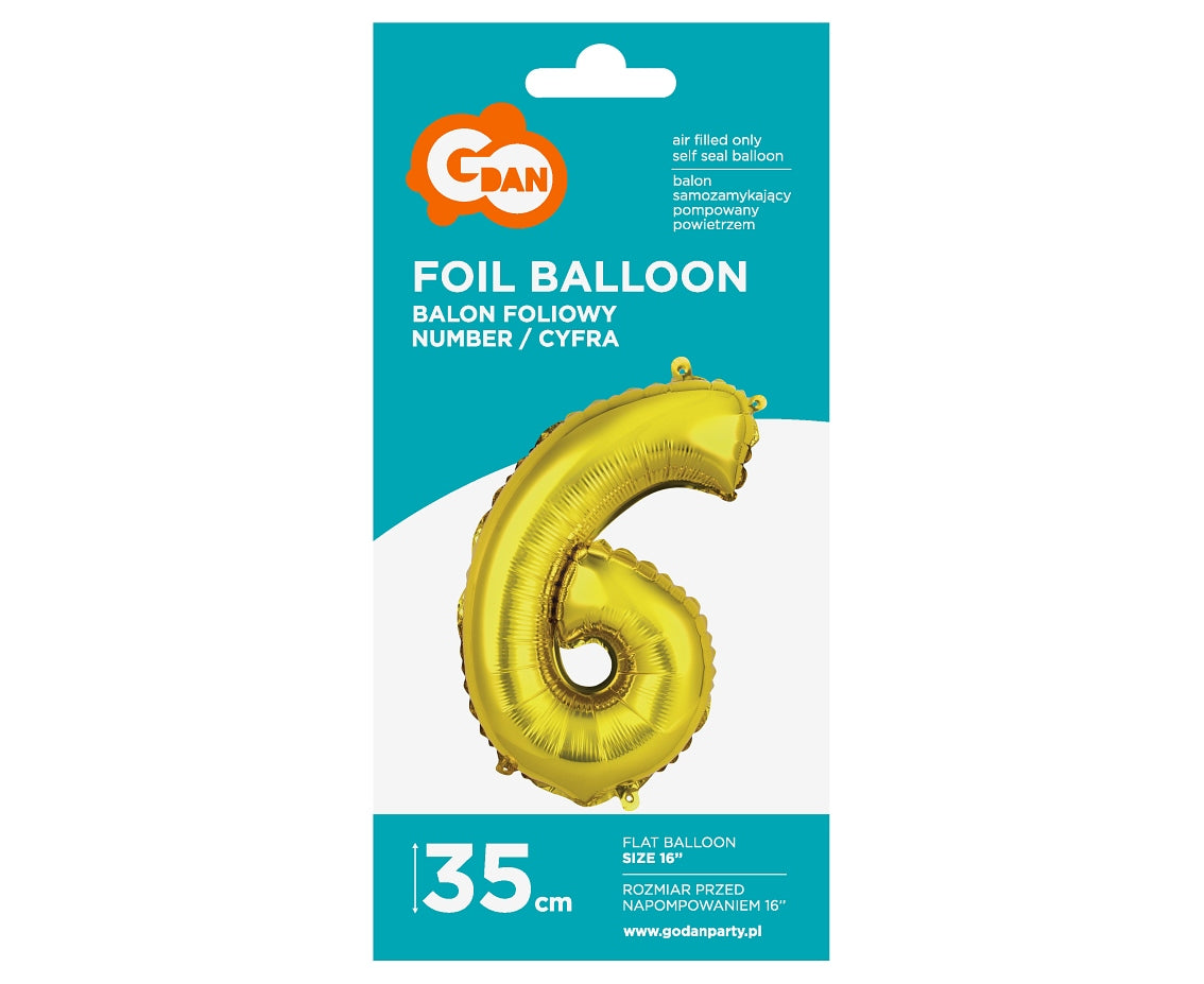 Balon foliowy Cyfra 6, złota, 35 cm