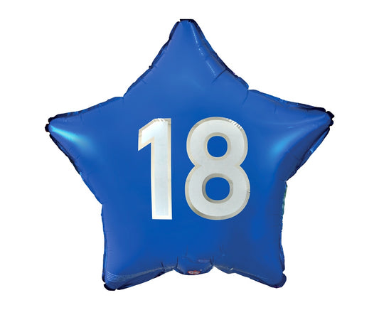 Balon foliowy Liczba 18 gwiazda niebieska, nadruk biały, 19 cali