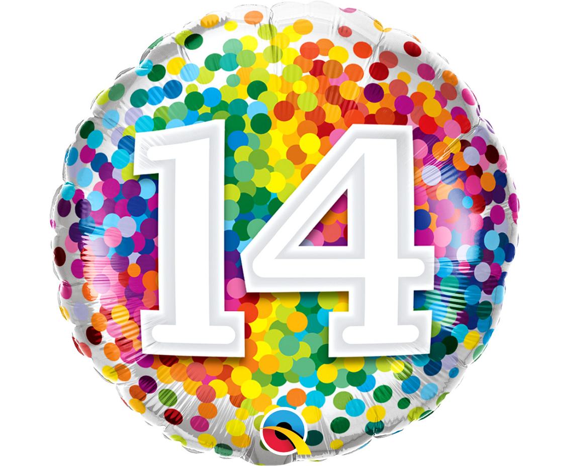 Balon foliowy liczba 14, okrągły, tęczowe konfetti, 18 cali QL