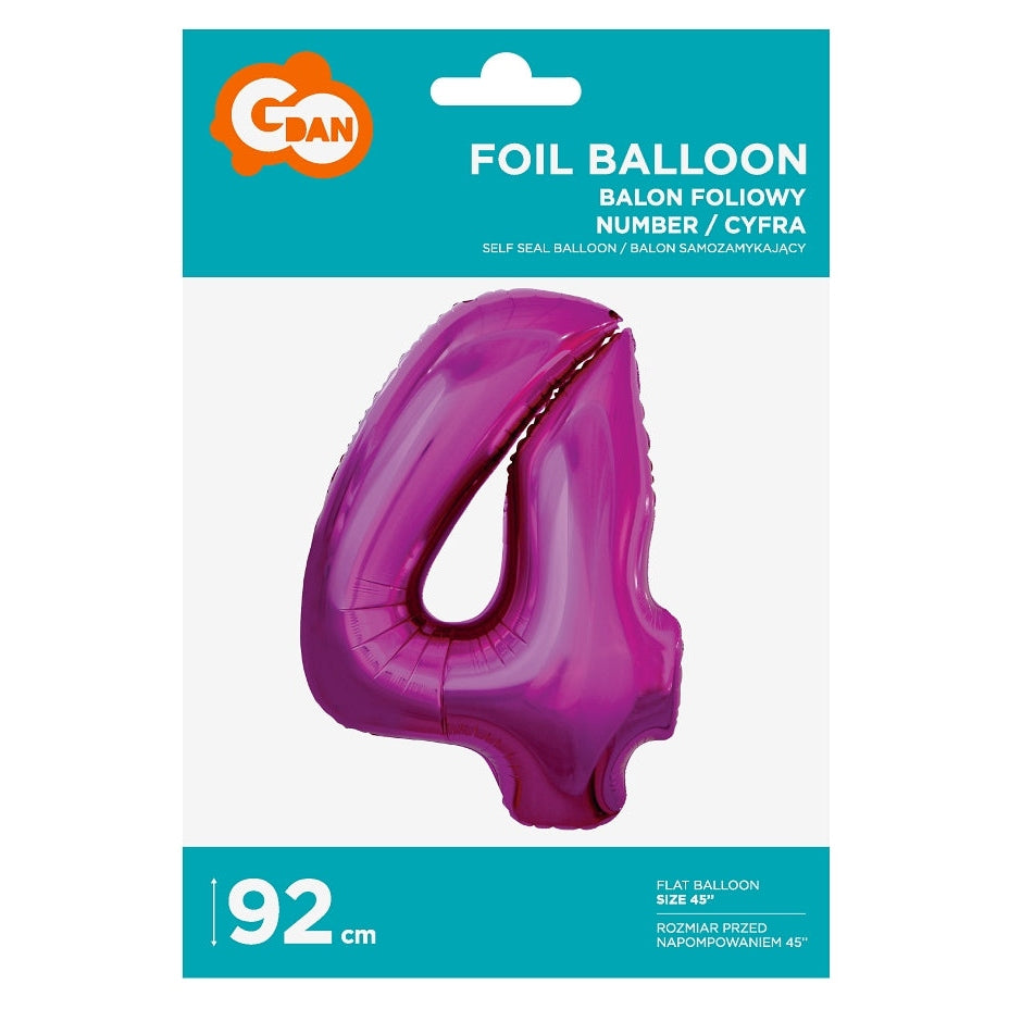 Balon foliowy Cyfra 4, różowa, 92 cm