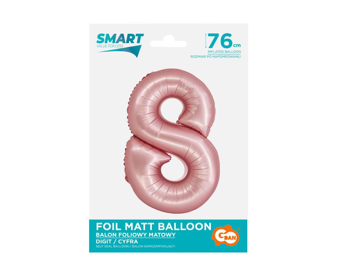 Balon foliowy Cyfra 8, j. różowa matowa, Smart, 76 cm