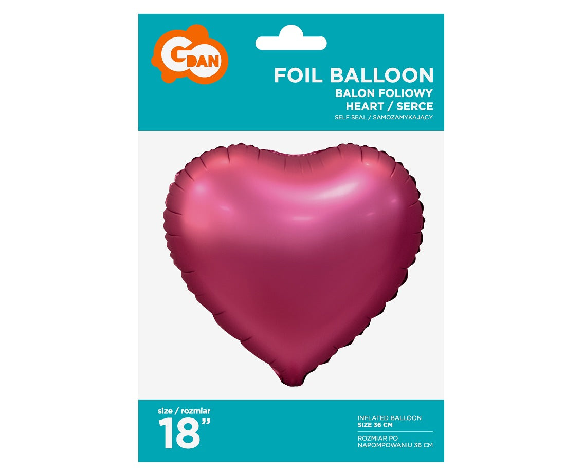 Balon foliowy SERCE, matowe, ciemnoróżowe, 18 cali