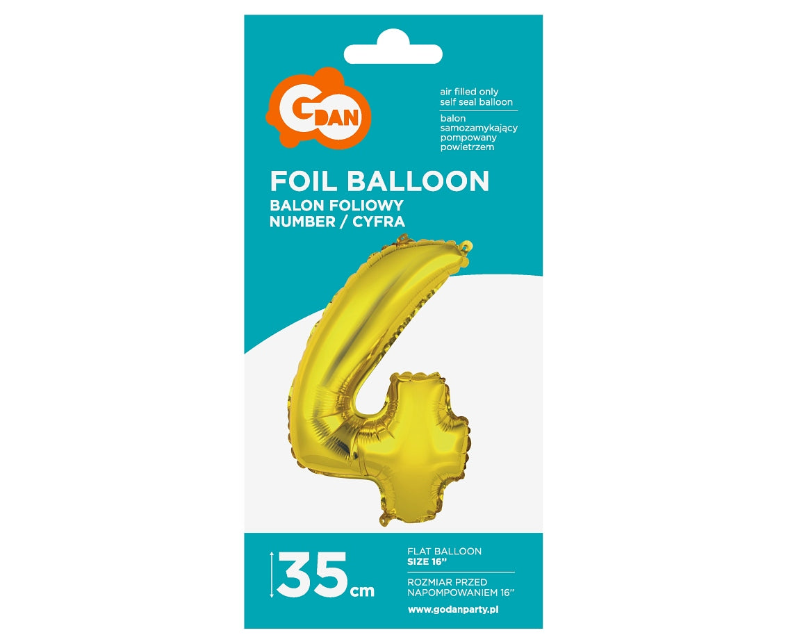 Balon foliowy Cyfra 4, złota, 35 cm