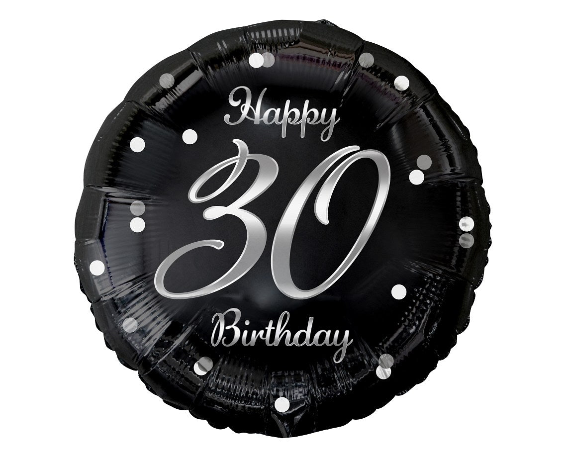 Balon foliowy Liczba 30 urodziny, B&C Happy 30 Birthday, czarny, nadruk srebrny, 18"