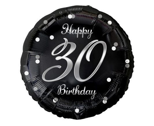 Balon foliowy Liczba 30 urodziny, B&C Happy 30 Birthday, czarny, nadruk srebrny, 18"