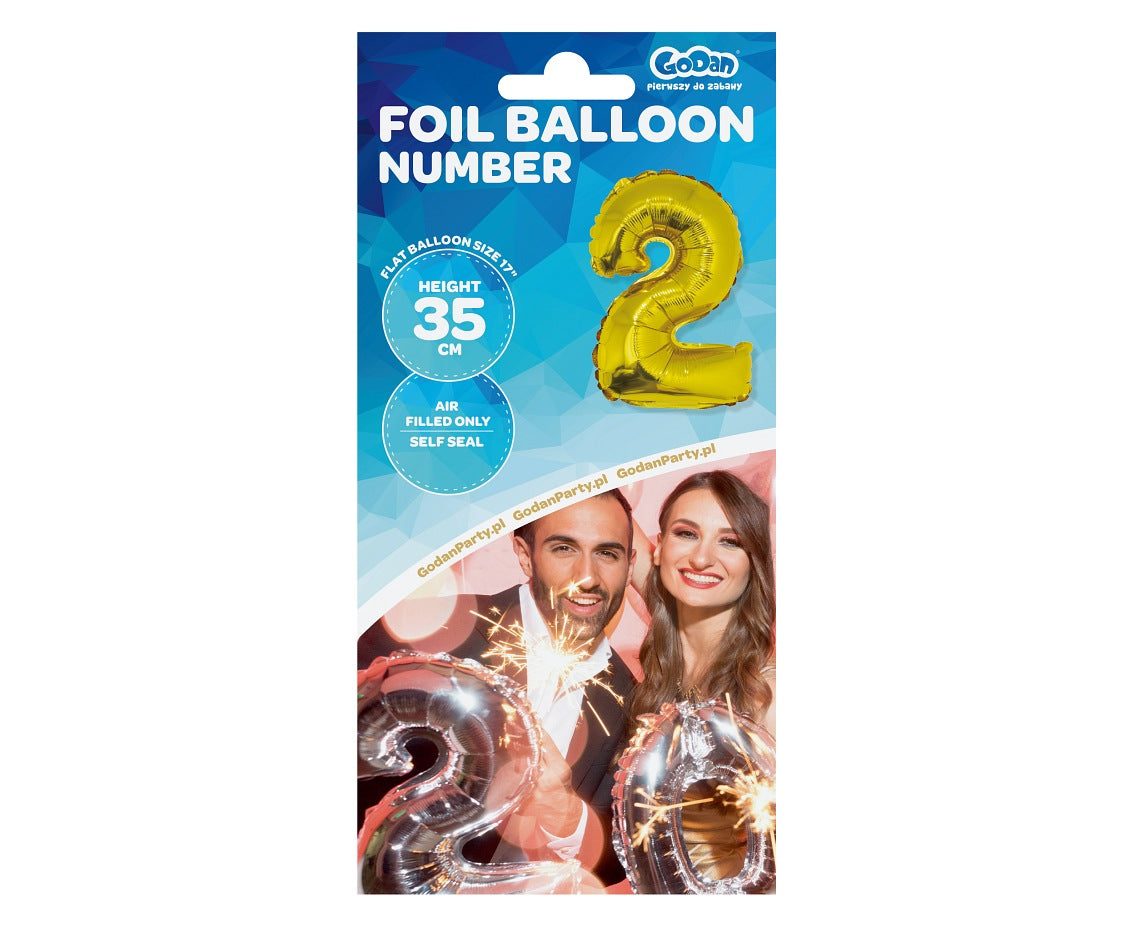 Balon foliowy Cyfra 2, złota, 35 cm