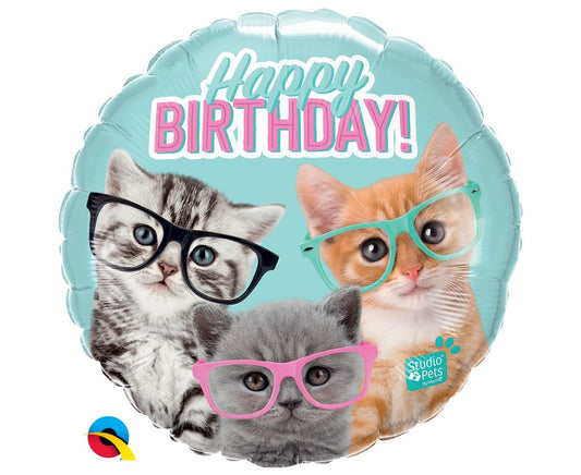 Balon foliowy 18 cali QL Birthday Kittens with Eyeglasses