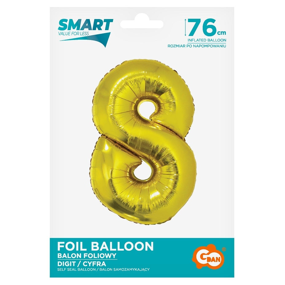 Balon foliowy Cyfra 8, Złota, SMART, 76 cm