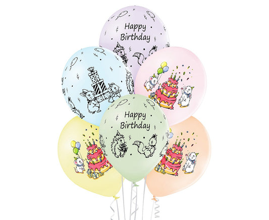 Balony na urodziny Happy Birthday, Zwierzątka, 30 cm, 6 szt.