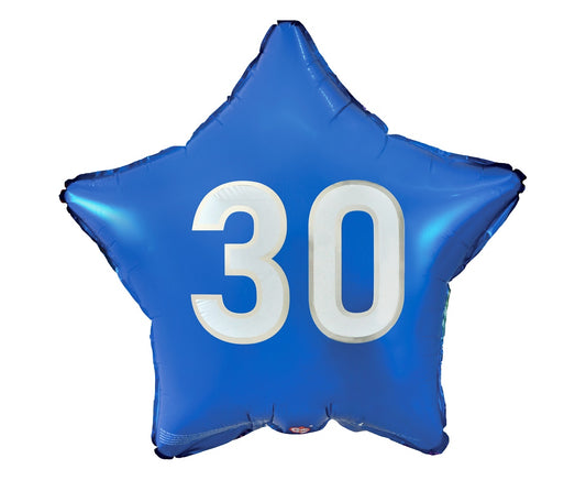 Balon foliowy Liczba 30 gwiazda niebieska, nadruk biały, 19 cali