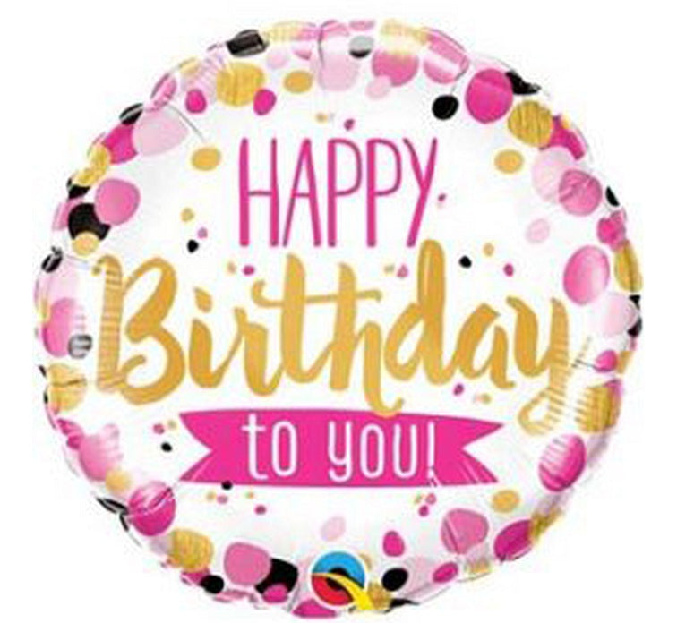 Balon foliowy 18 cali QL, Happy Birthday To You Pink & Gold Dots