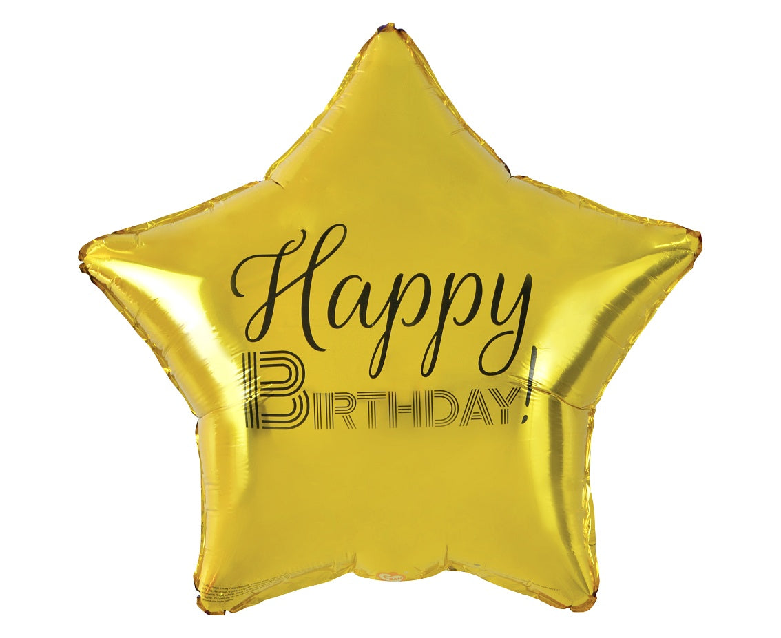 Balon foliowy Happy Birthday, gwiazda złota, nadruk czarny, 19"