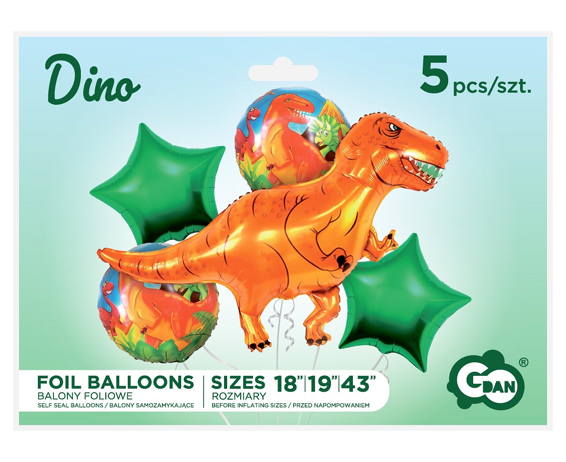 Balony foliowe - zestaw Dinozaury, 5 szt.