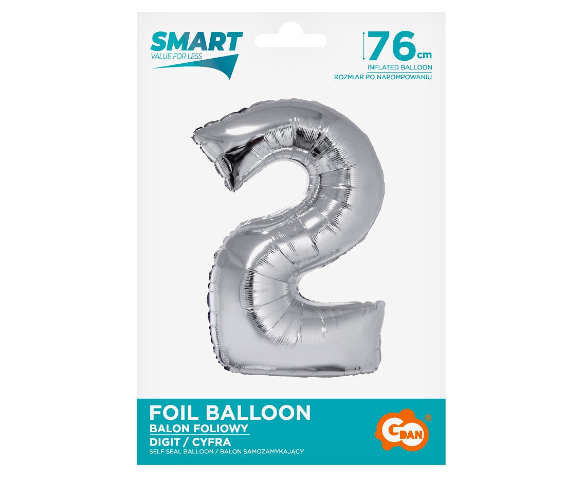 Balon foliowy Cyfra 2, Srebrna, SMART, 76 cm