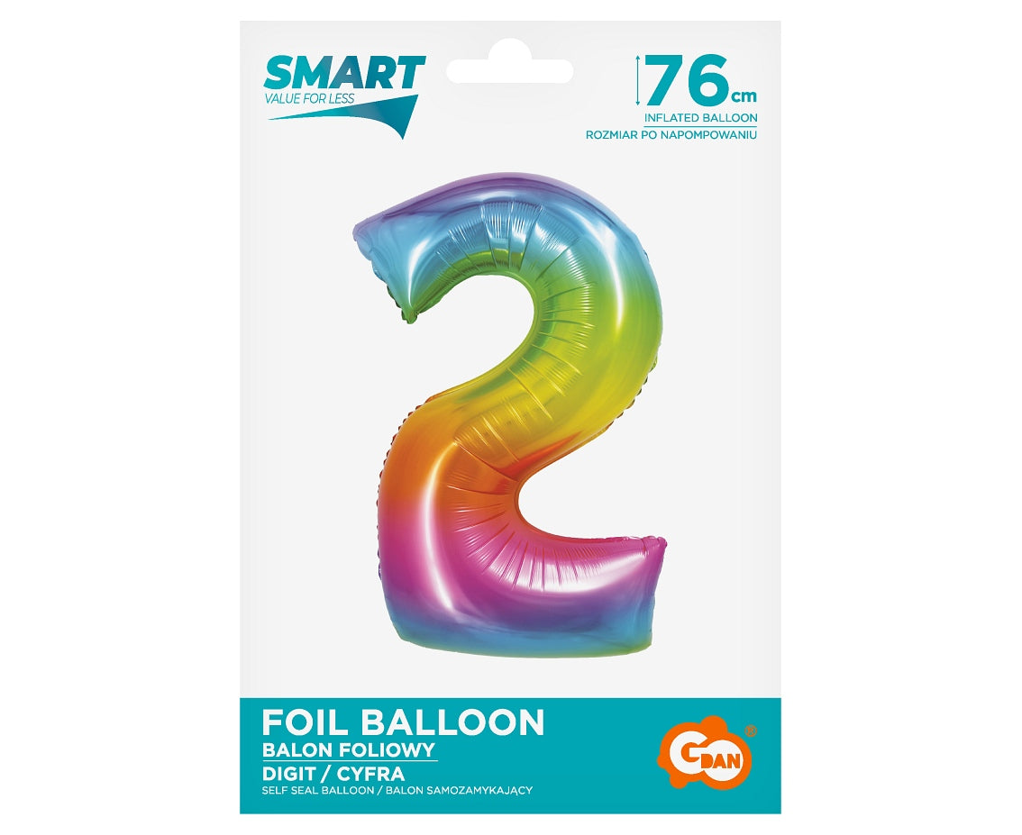 Balon foliowy Cyfra 2, tęczowa, SMART, 76 cm