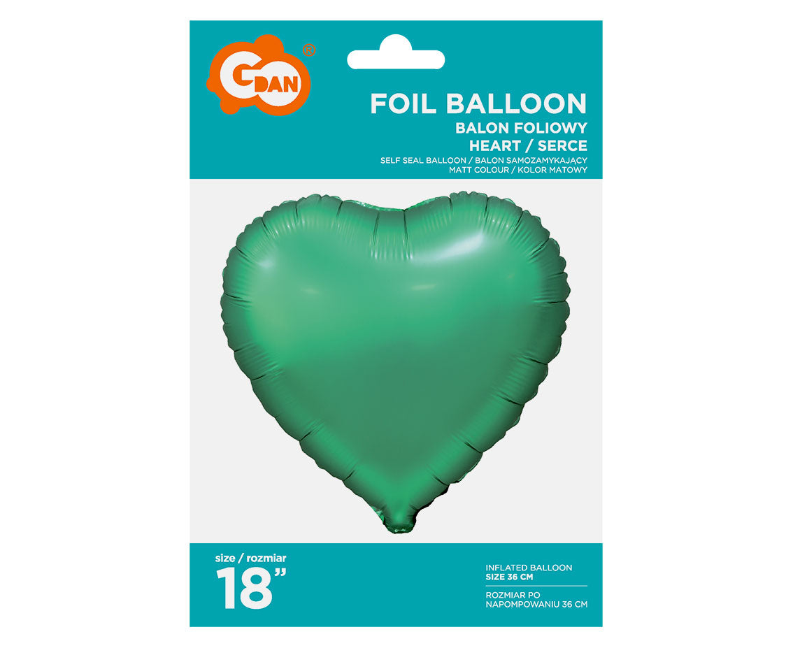 Balon foliowy SERCE, matowe, zielone, 18 cali