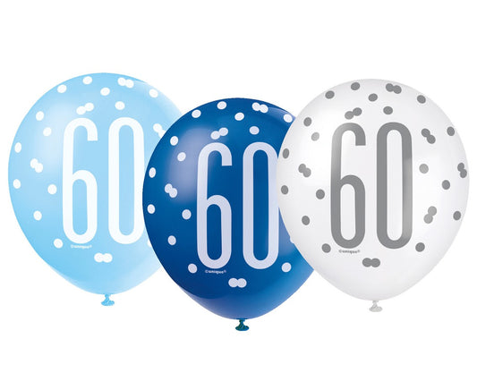 Balony liczba 60 Urodziny, Glitz niebieski miks, UQ 12 cali, 6 szt.