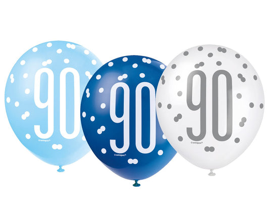 Balony liczba 90 Urodziny, Glitz niebieski miks, UQ 12 cali, 6 szt.