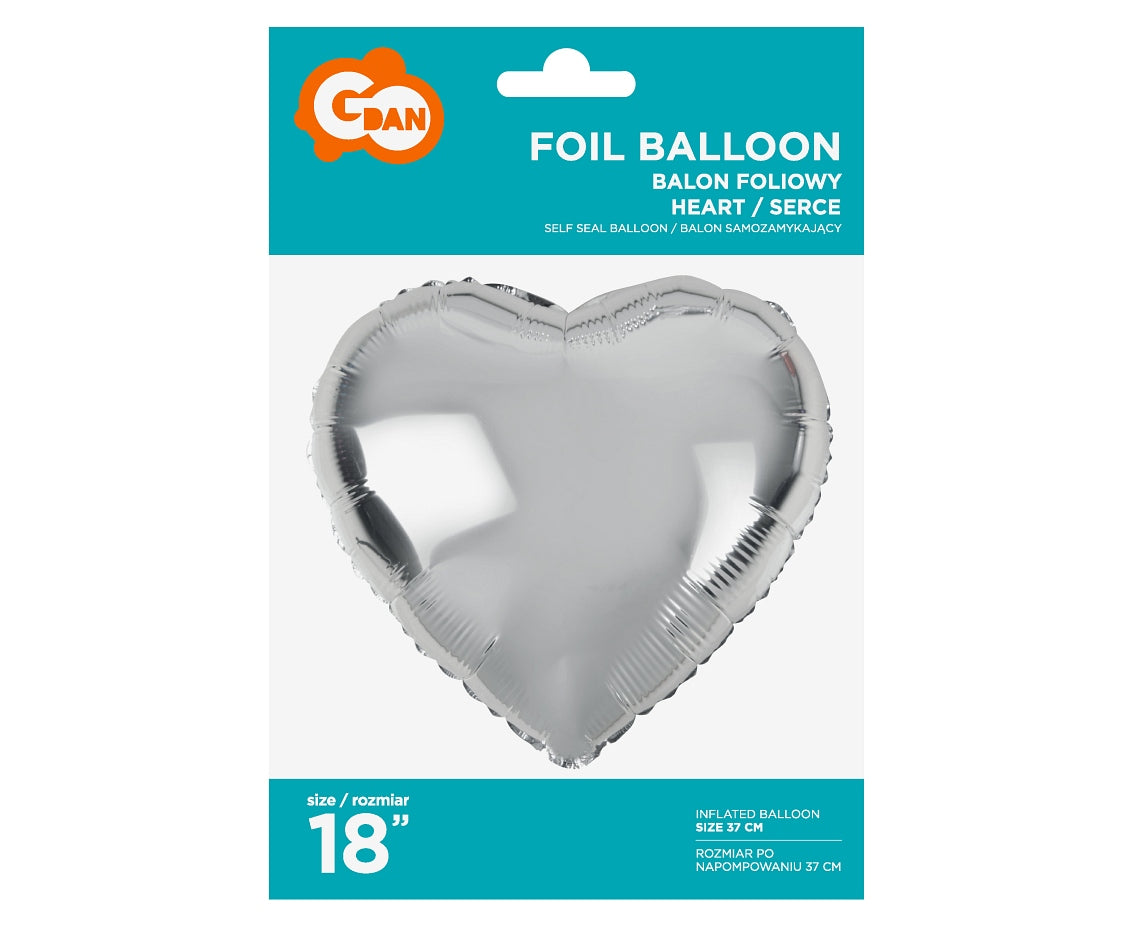 Balon foliowy SERCE, srebrne, 18 cali