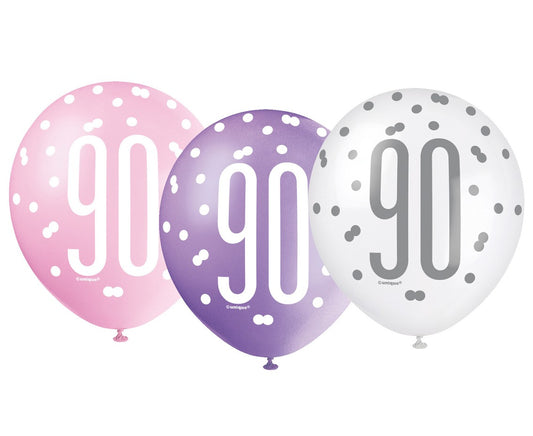Balony liczba 90 Urodziny, Glitz różowy miks, UQ 12 cali, 6 szt.