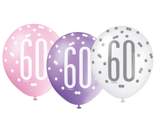 Balony liczba 60 Urodziny, Glitz różowy miks, UQ 12 cali, 6 szt.